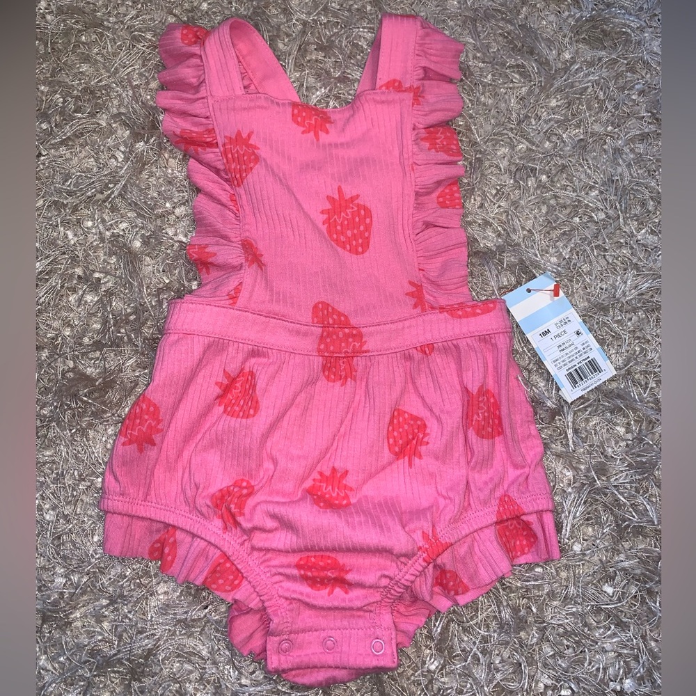 Cat & Jack Pink and Red Girls One-Piece Strawberries Romper NWT